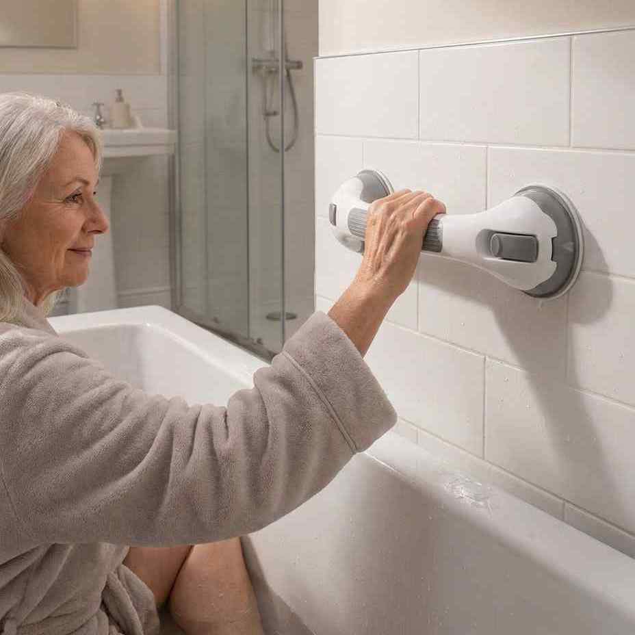 Bathroom Grab Bar Locking Suction Mount No-Drill 15.7-Inch