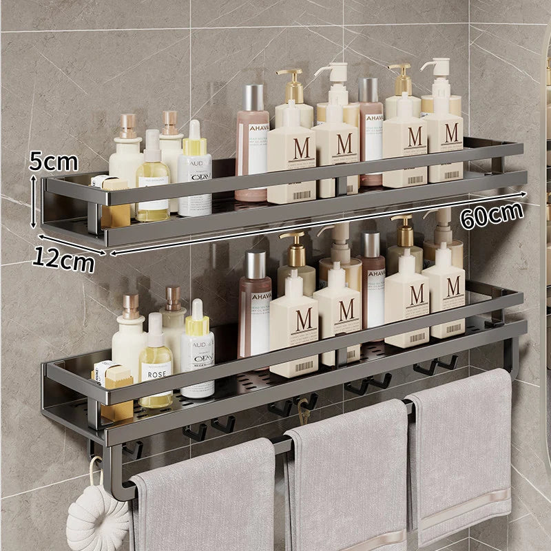 Bathroom Shelf Wall-Mounted Metal With Towel Bar & Hooks