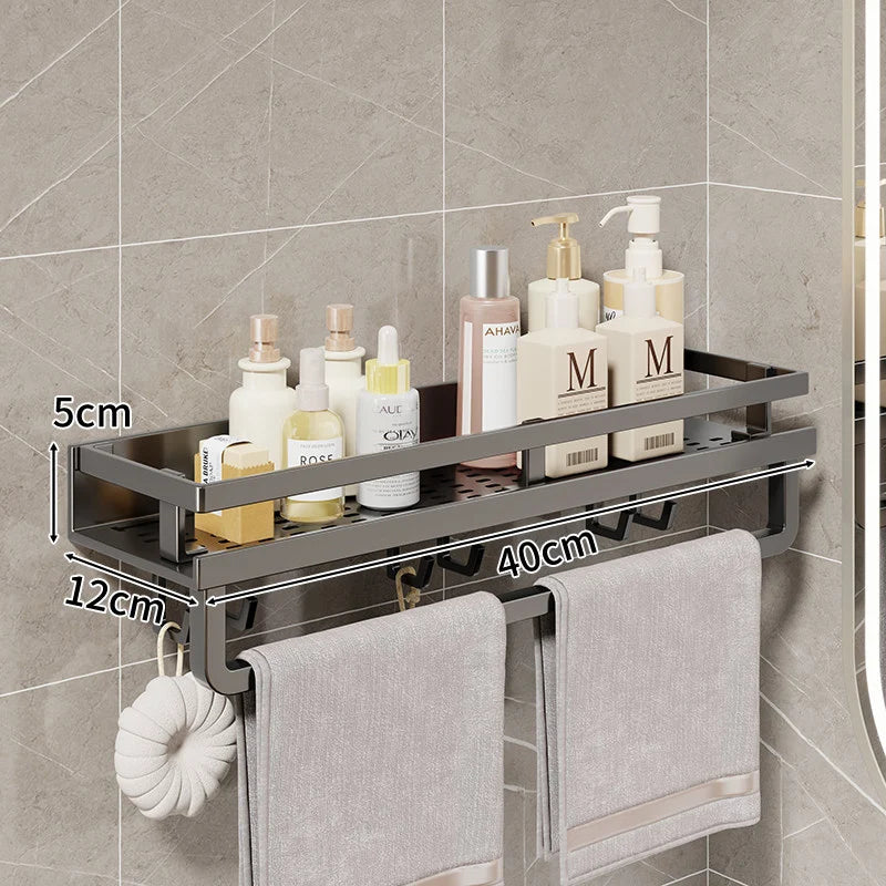 Bathroom Shelf Wall-Mounted Metal With Towel Bar & Hooks