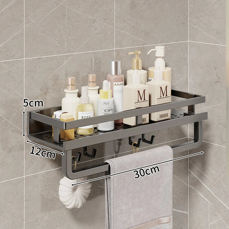 Bathroom Shelf Wall-Mounted Metal With Towel Bar & Hooks