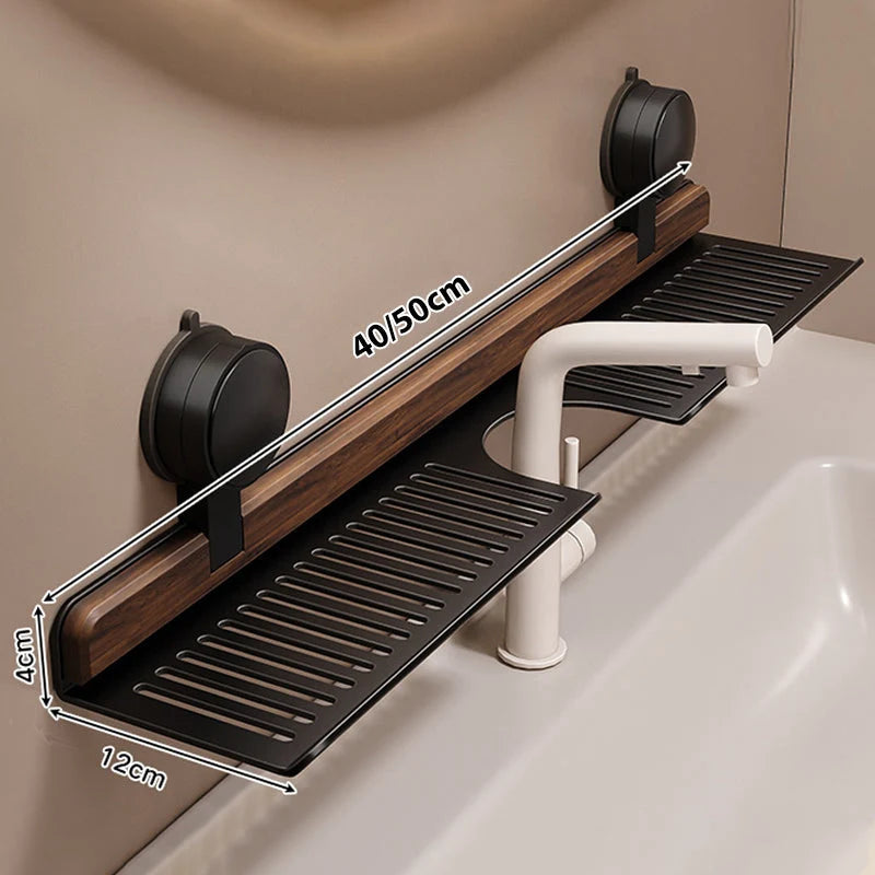 Bathroom Suction Cup Shelf Walnut Top No Drilling