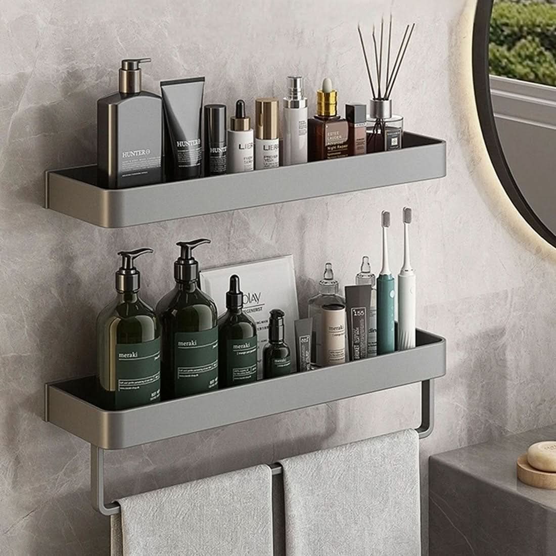 Bathroom Wall Shelf Drill-Free Water-Resistant Towel Holder Option