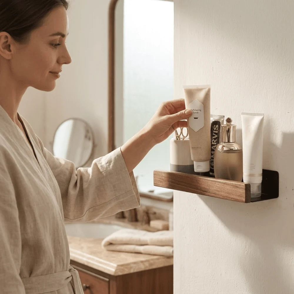 Bathroom Wall Shelf Wood Finish Self-Adhesive Moisture-Resistant