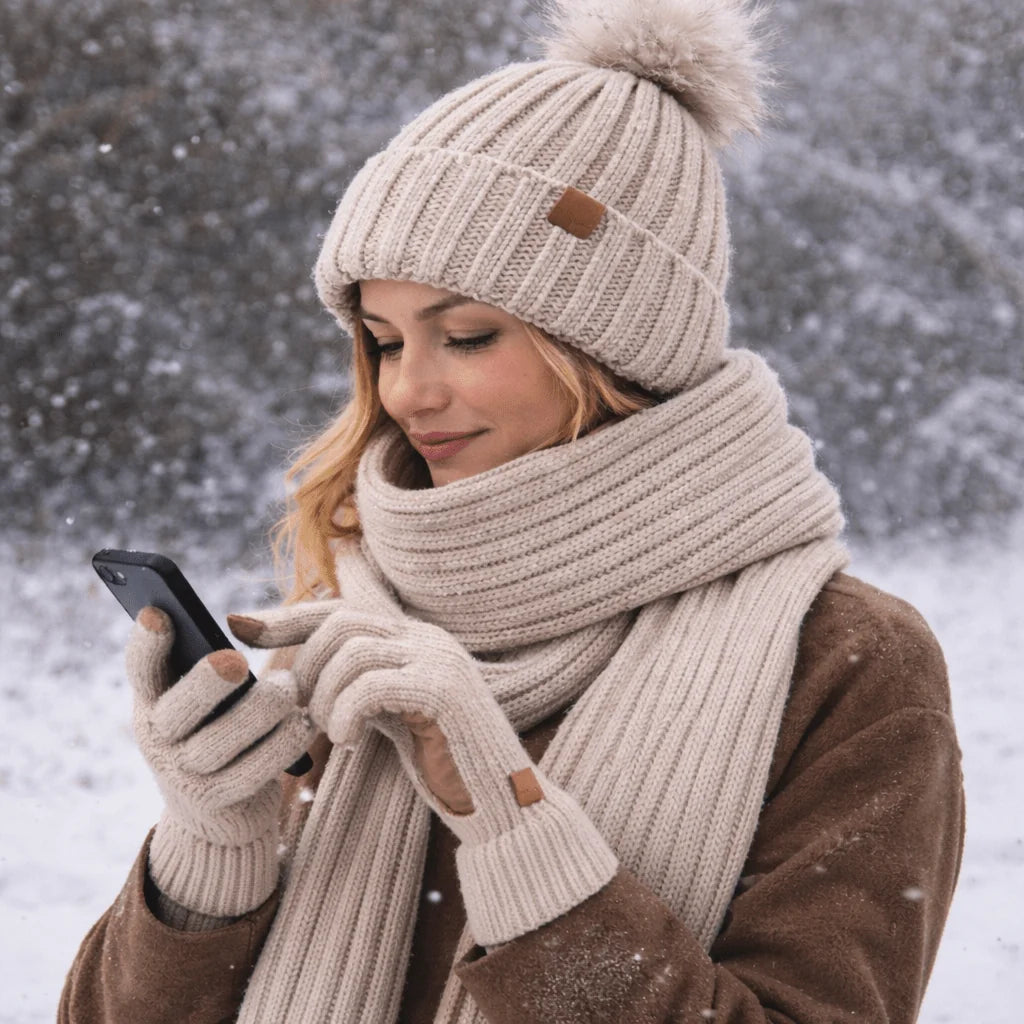 Beanie Scarf & Gloves Set Knitted Touchscreen-Compatible