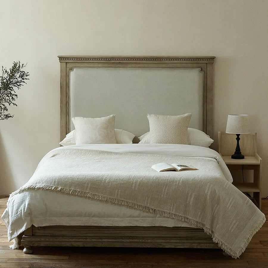 Bed Frame Solid Wood Slatted Headboard Linen-Look Bedding