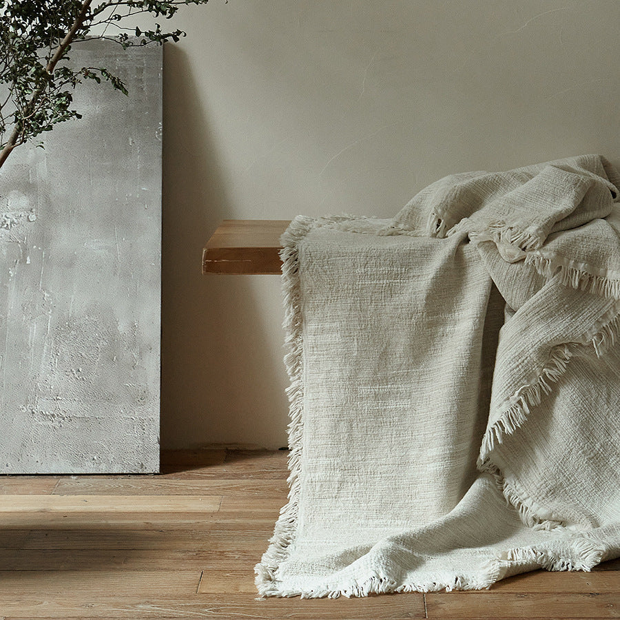 Bed Frame Solid Wood Slatted Headboard Linen-Look Bedding