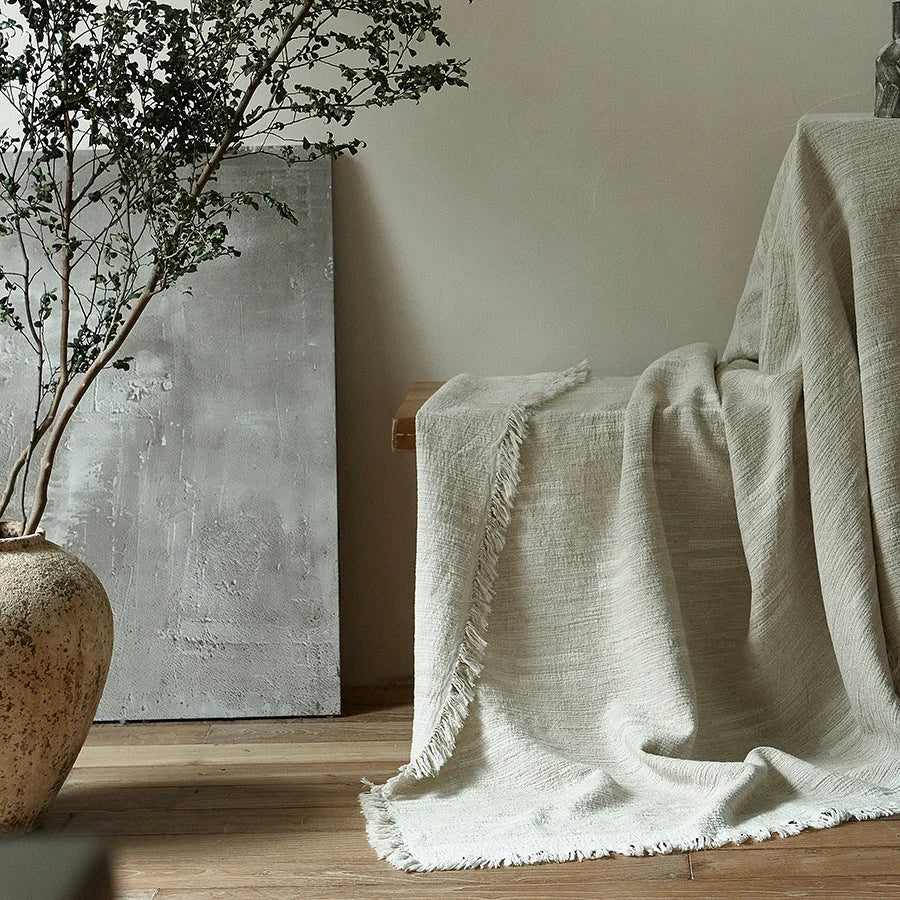 Bed Frame Solid Wood Slatted Headboard Linen-Look Bedding
