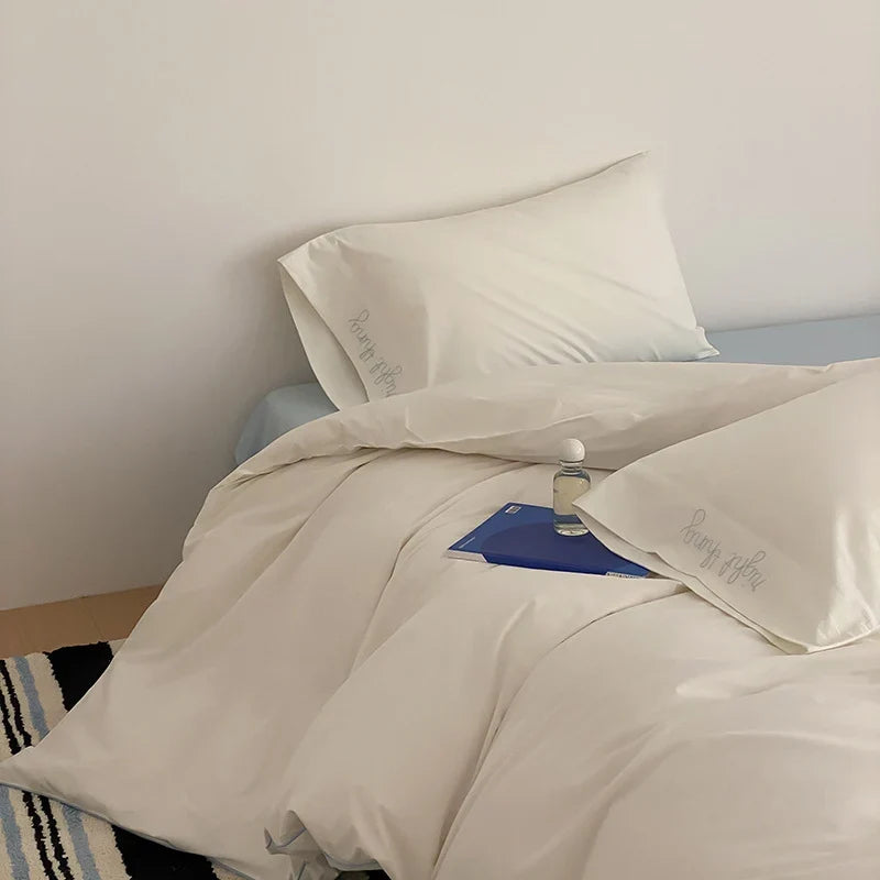 Bed Linen Set Cotton Satin Breathable Contrasting Piping