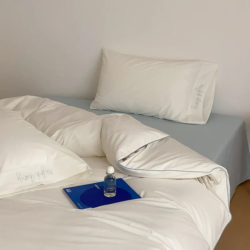 Bed Linen Set Cotton Satin Breathable Contrasting Piping