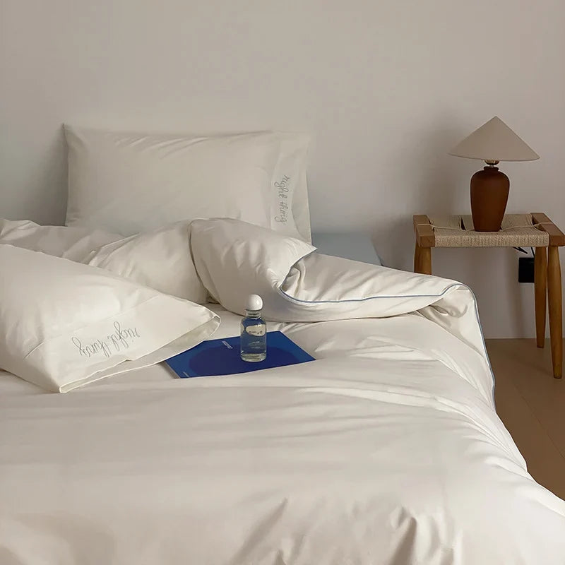 Bed Linen Set Cotton Satin Breathable Contrasting Piping