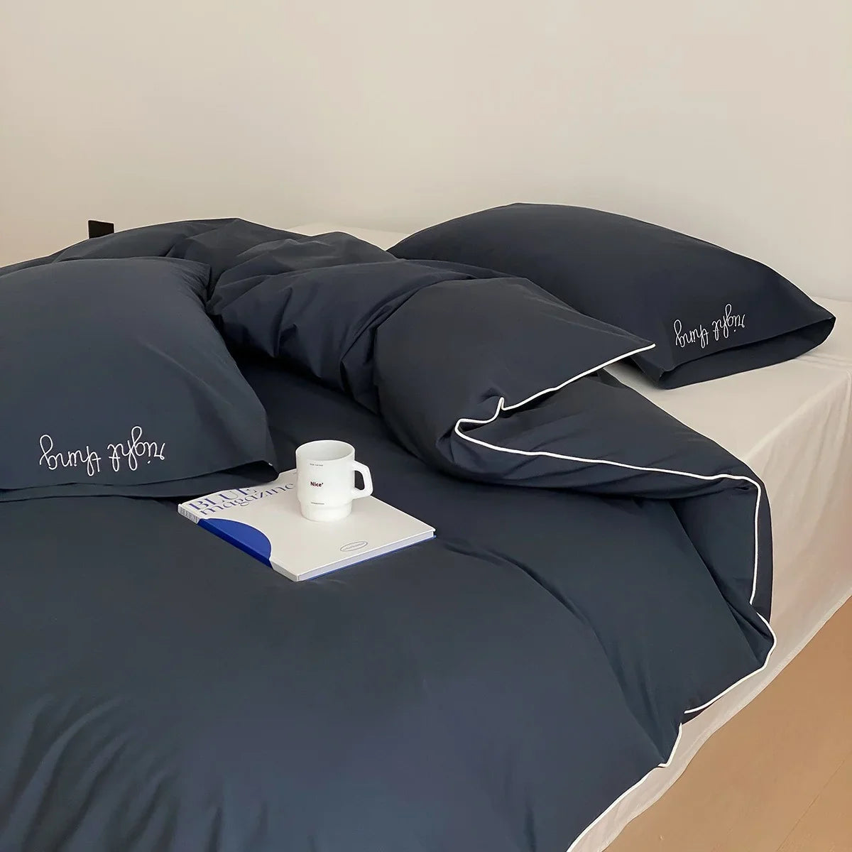 Bed Linen Set Cotton Satin Breathable Contrasting Piping
