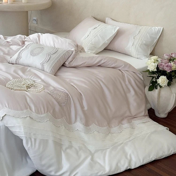 Bed Linen Set Cotton Satin Embroidered Lace 4-Piece