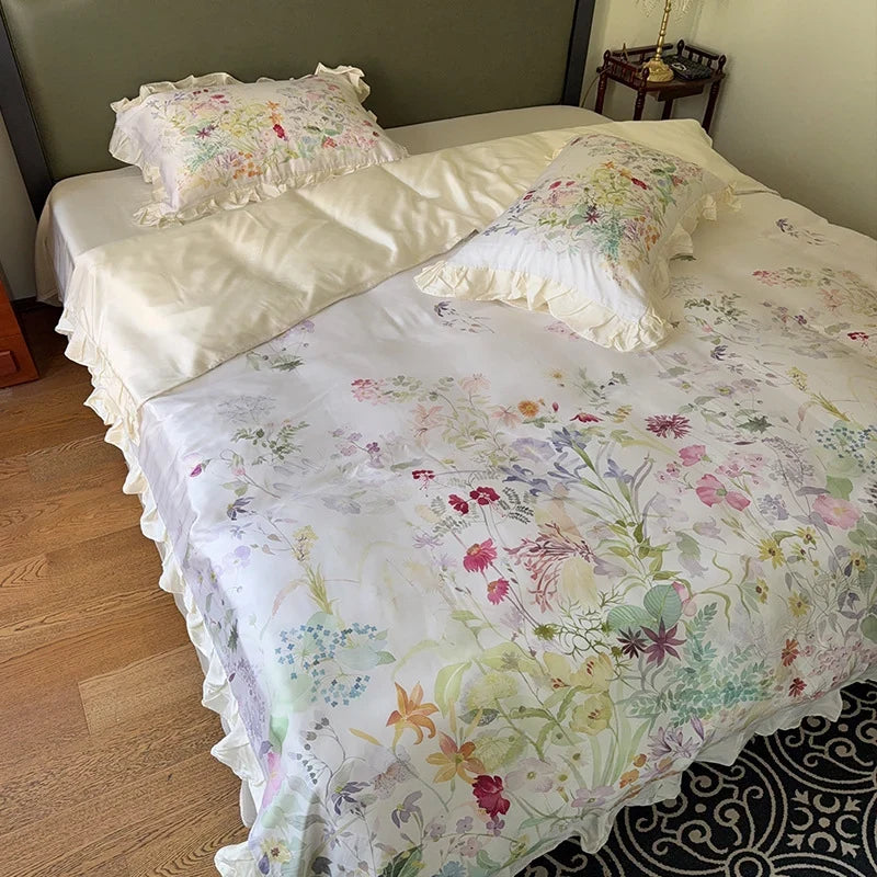 Bed Linen Set Cotton Satin Watercolor Botanical Ruffles