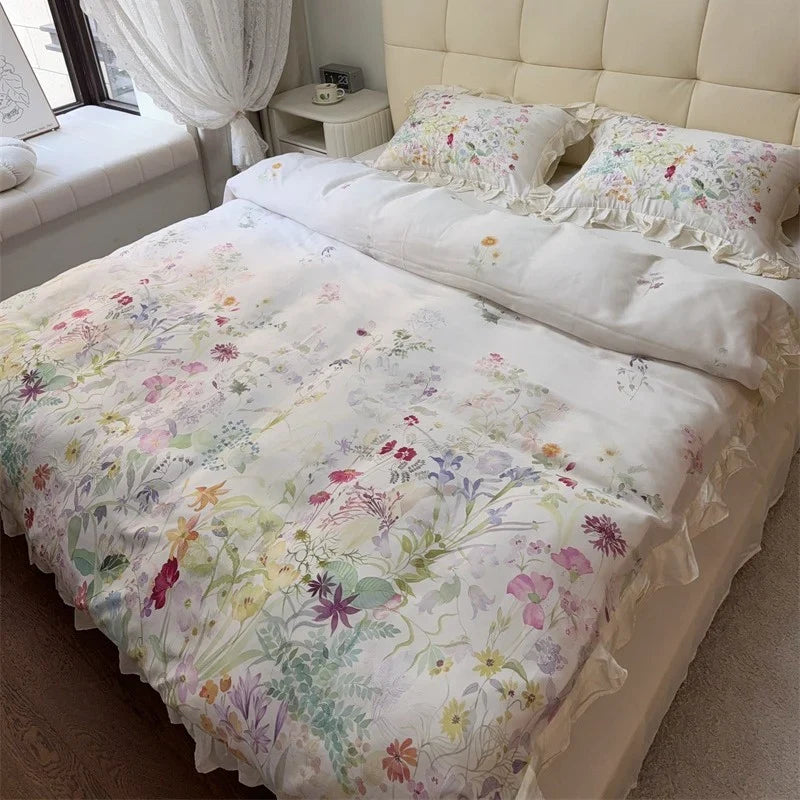 Bed Linen Set Cotton Satin Watercolor Botanical Ruffles