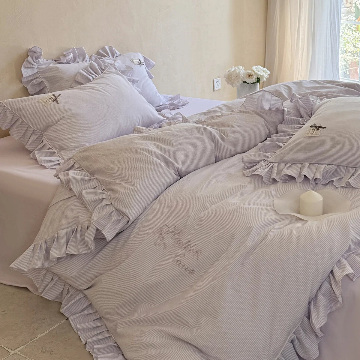 Bed Linen Set Fine Stripe Ruffle Cotton Blend