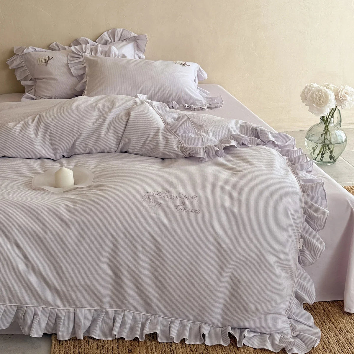 Bed Linen Set Fine Stripe Ruffle Cotton Blend