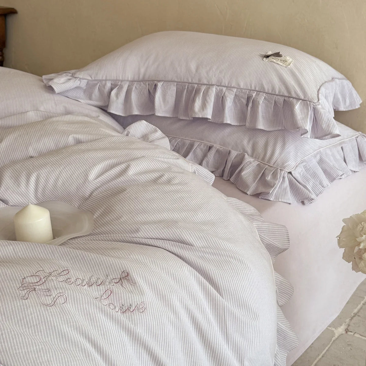 Bed Linen Set Fine Stripe Ruffle Cotton Blend