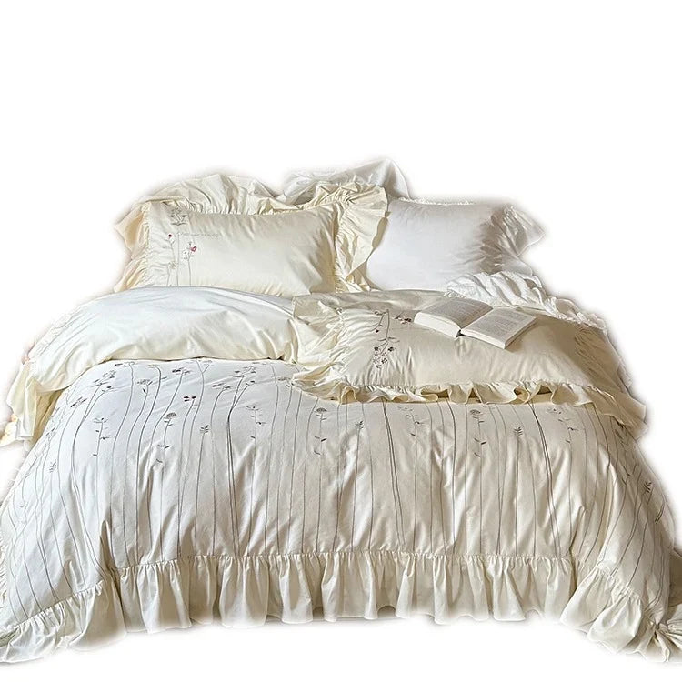 Bed Set Breathable Cotton-Linen Embroidered Ruffled Skirt