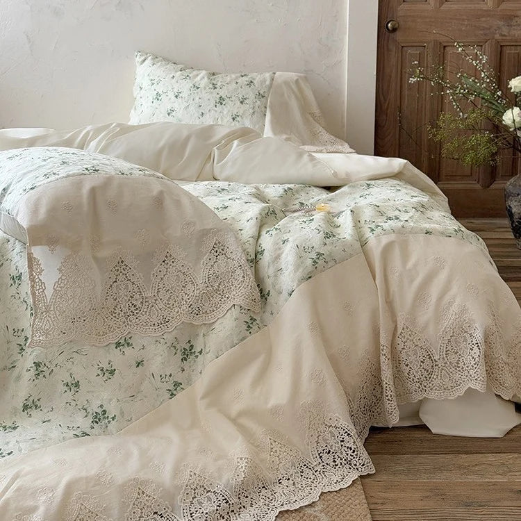 Bed Sheet Set Cotton-Linen Stonewashed Floral Lace Edge 4-Piece