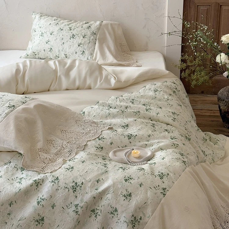Bed Sheet Set Cotton-Linen Stonewashed Floral Lace Edge 4-Piece