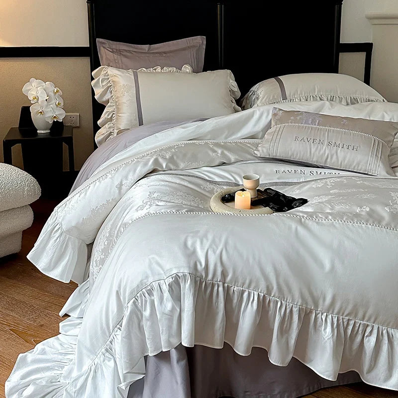 Bed Sheet Set Satin Jacquard Floral & Ruffled Trim