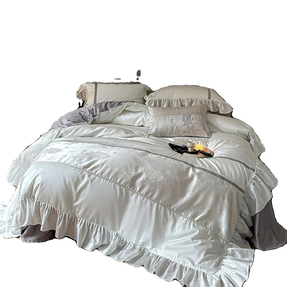 Bed Sheet Set Satin Jacquard Floral & Ruffled Trim