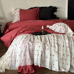 Bed Skirt & Pillowcase Set Cotton-Linen Embroidered Ruffles 4-Piece