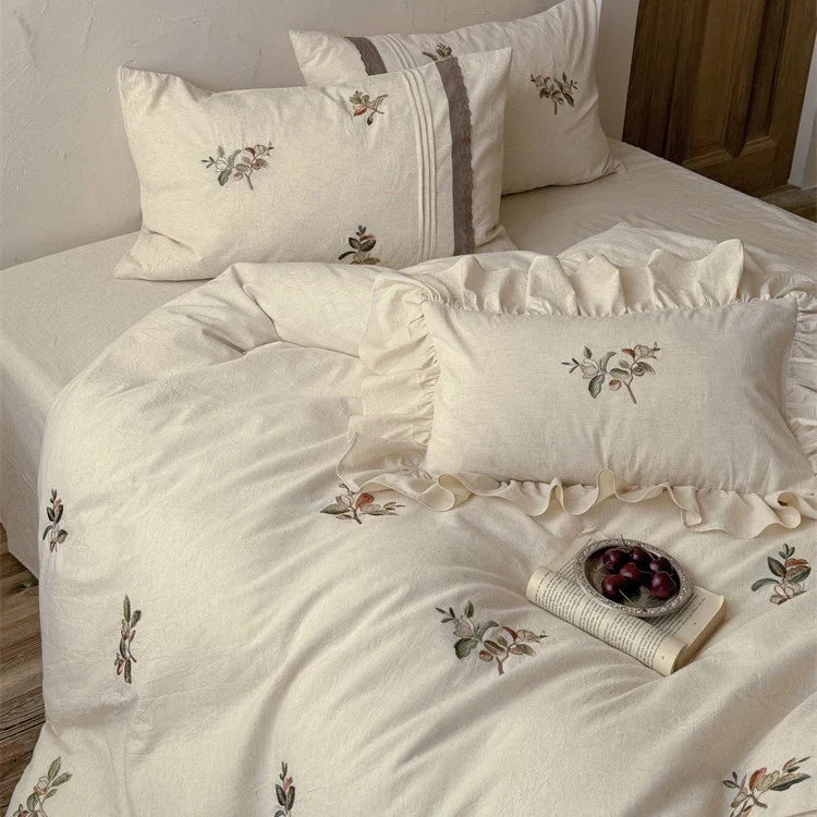 Bedding Set 100% Breathable Cotton Embroidered Ruffled Edges