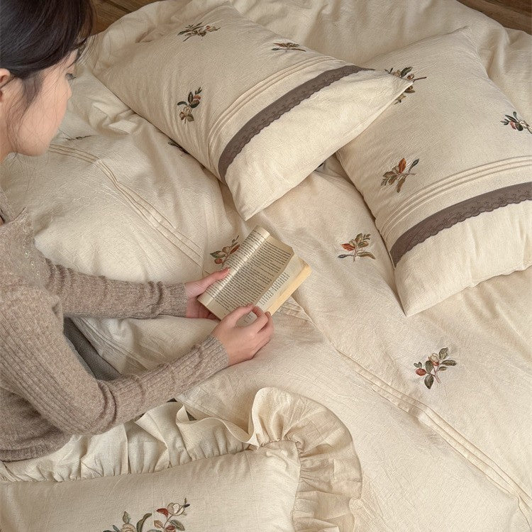 Bedding Set 100% Breathable Cotton Embroidered Ruffled Edges