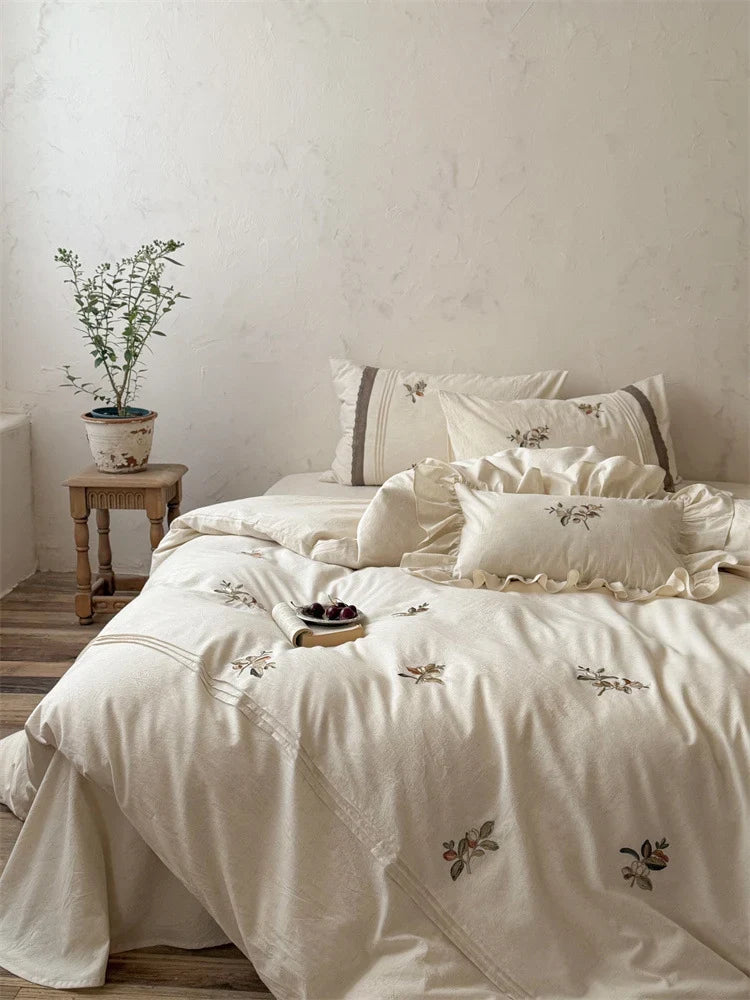 Bedding Set 100% Breathable Cotton Embroidered Ruffled Edges