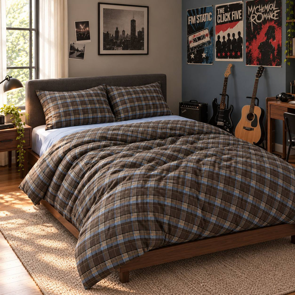 Bedding Set 100% Cotton Brown Plaid Machine Washable