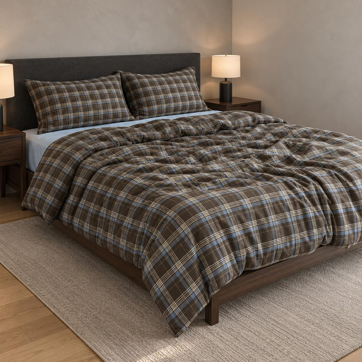 Bedding Set 100% Cotton Brown Plaid Machine Washable