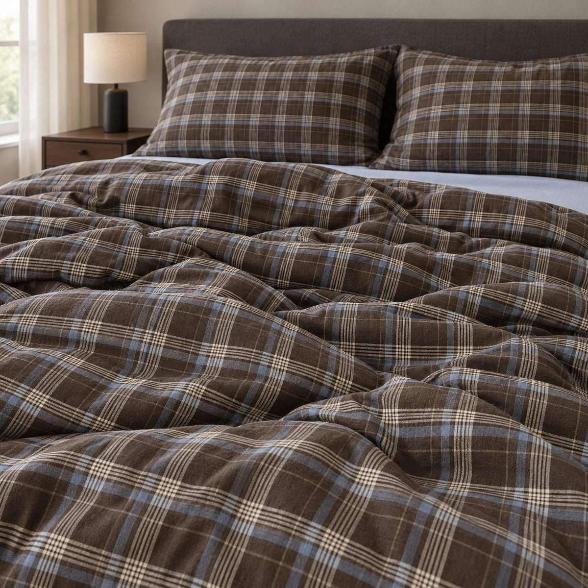 Bedding Set 100% Cotton Brown Plaid Machine Washable