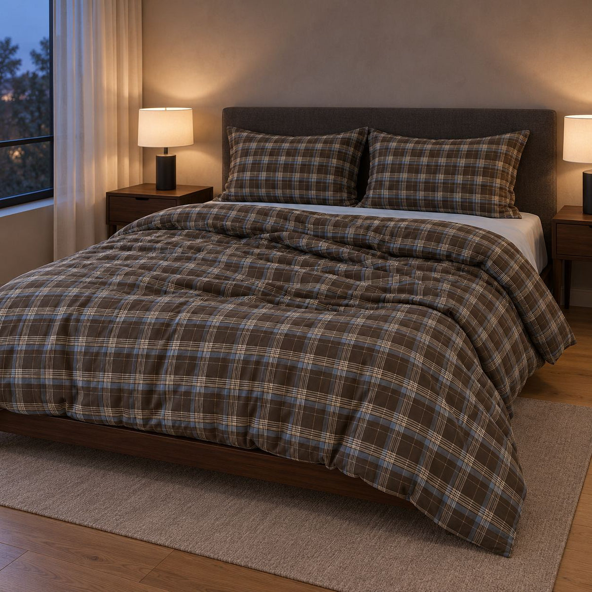 Bedding Set 100% Cotton Brown Plaid Machine Washable