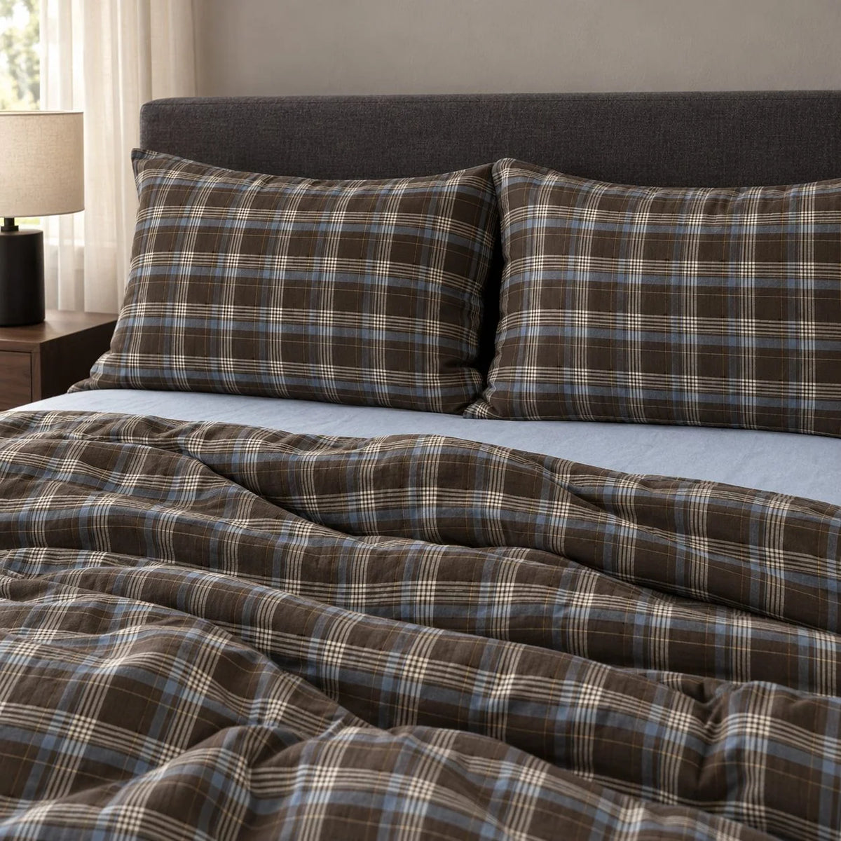 Bedding Set 100% Cotton Brown Plaid Machine Washable