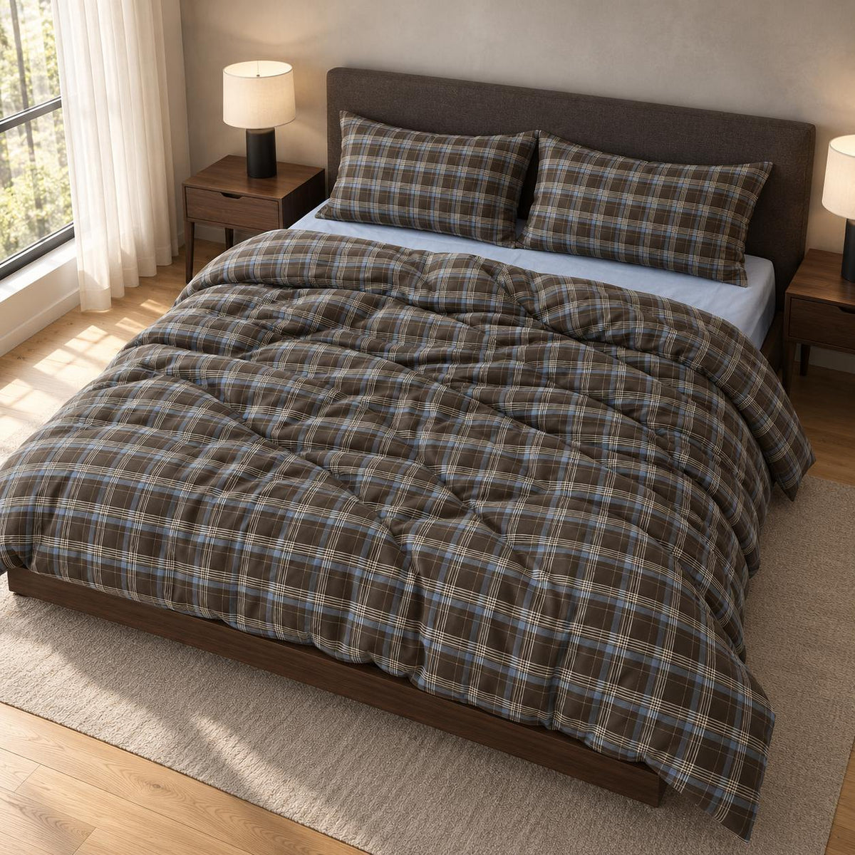 Bedding Set 100% Cotton Brown Plaid Machine Washable