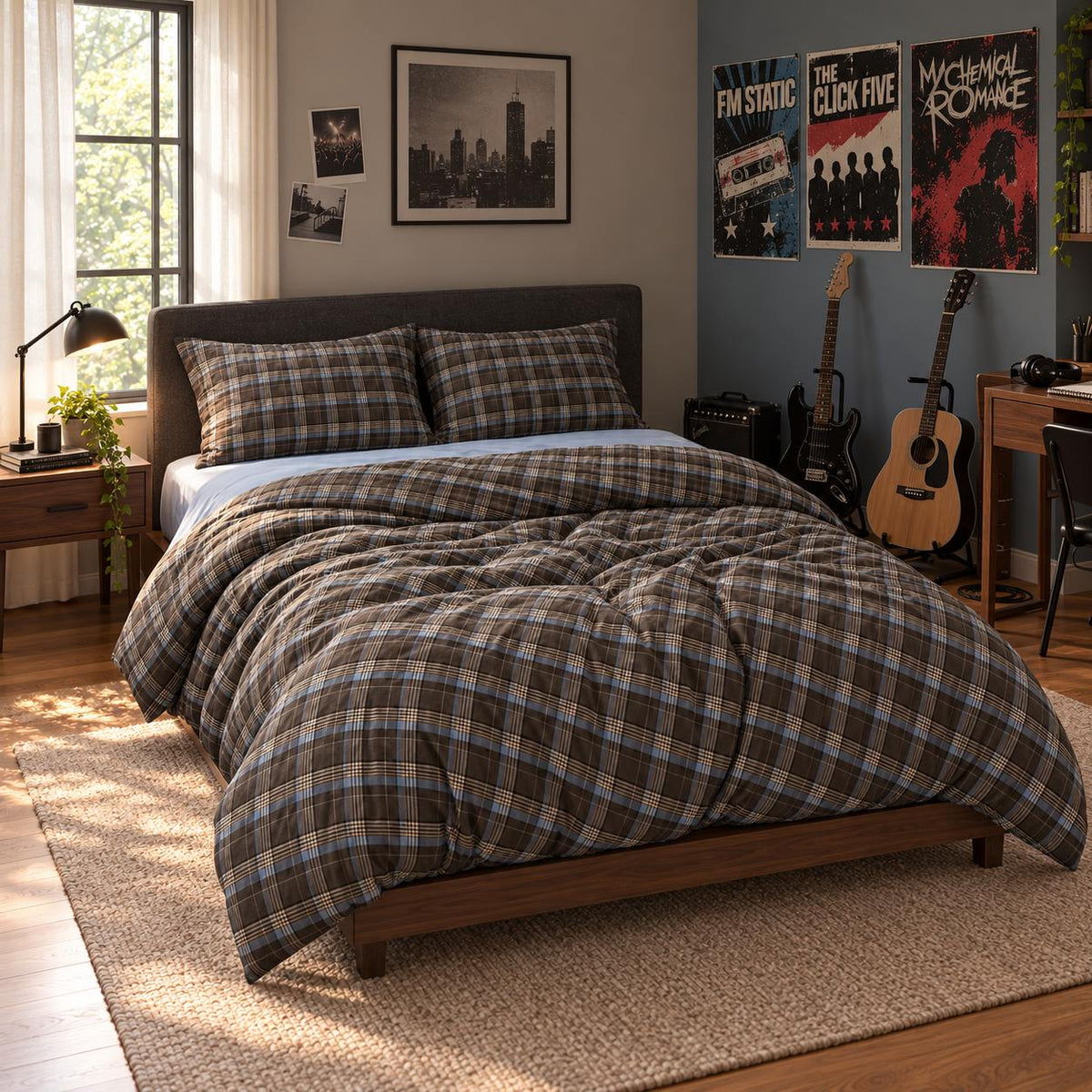 Bedding Set 100% Cotton Brown Plaid Machine Washable
