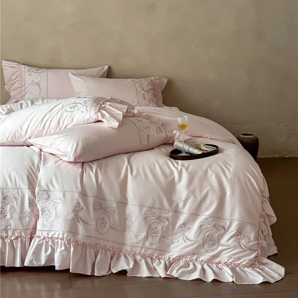 Bedding Set 100% Cotton Embroidered Ruffle Duvet & Pillowcases