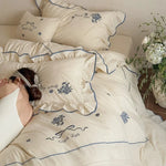 Bedding Set 100% Cotton Muslin Embroidered & Ruffled 4-Piece