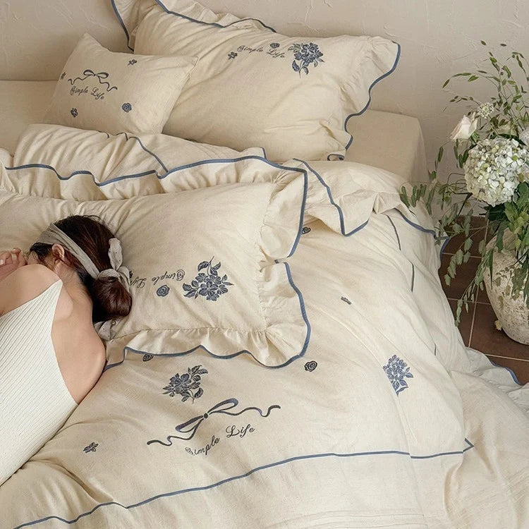 Bedding Set 100% Cotton Muslin Embroidered & Ruffled 4-Piece