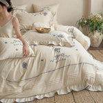 Bedding Set 100% Cotton Muslin Embroidered & Ruffled 4-Piece