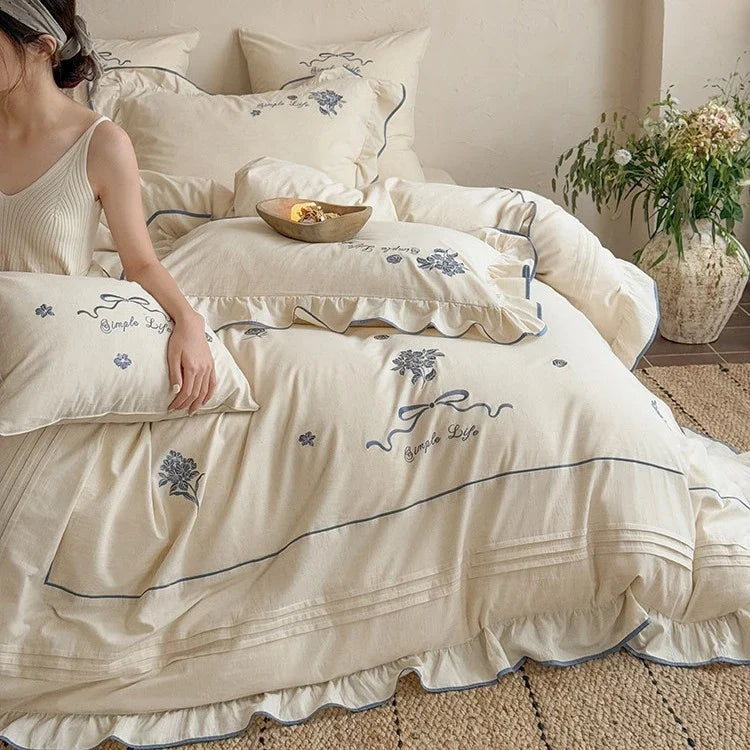 Bedding Set 100% Cotton Muslin Embroidered & Ruffled 4-Piece