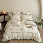 Bedding Set 100% Cotton Muslin Embroidered & Ruffled 4-Piece