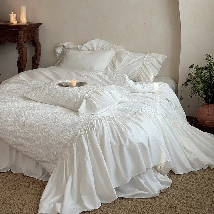 Bedding Set 100% Cotton Muslin Lace & Ruffles 4-Piece