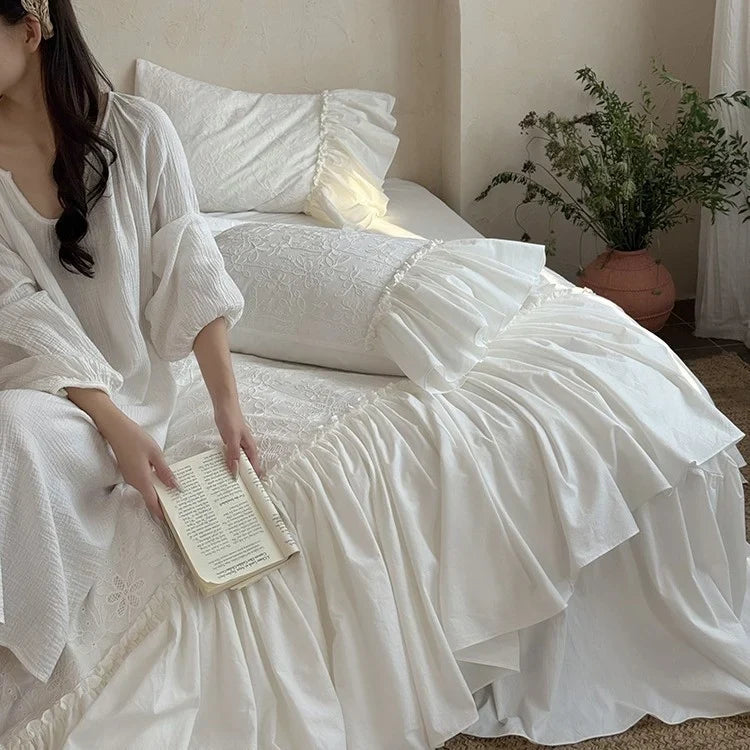 Bedding Set 100% Cotton Muslin Lace & Ruffles 4-Piece