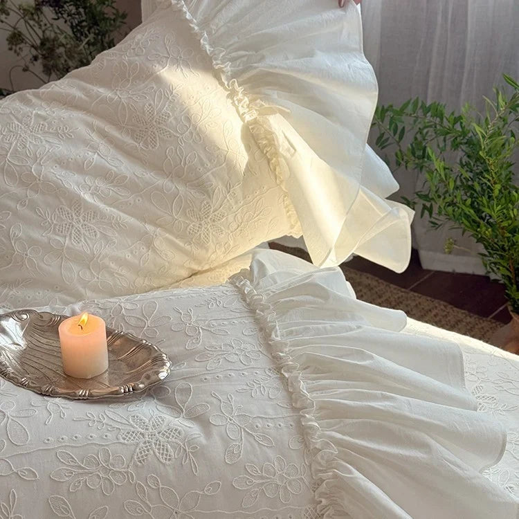 Bedding Set 100% Cotton Muslin Lace & Ruffles 4-Piece