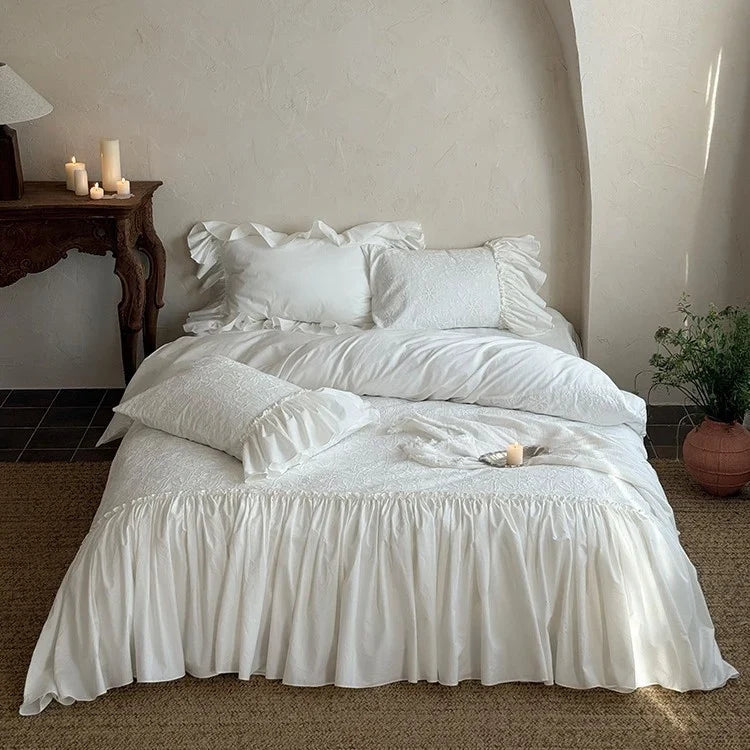 Bedding Set 100% Cotton Muslin Lace & Ruffles 4-Piece