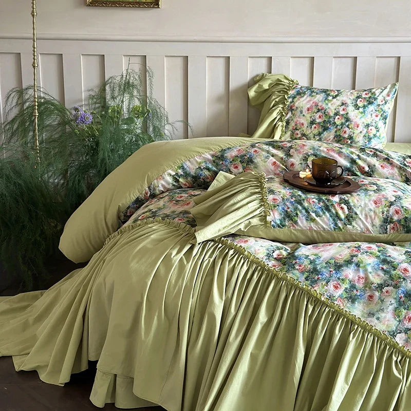 Bedding Set 100% Cotton Reversible Floral Ruffled Trim 4-Piece