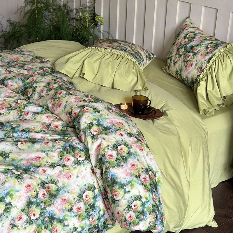 Bedding Set 100% Cotton Reversible Floral Ruffled Trim 4-Piece