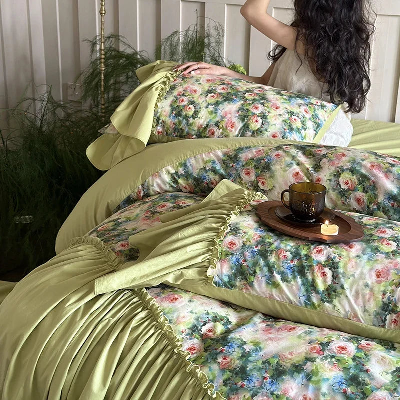Bedding Set 100% Cotton Reversible Floral Ruffled Trim 4-Piece